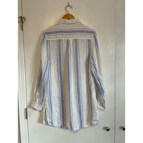 Jones & Co blue striped linen button up shirt collared roll tab sleeves Size L - Picture 2 of 7
